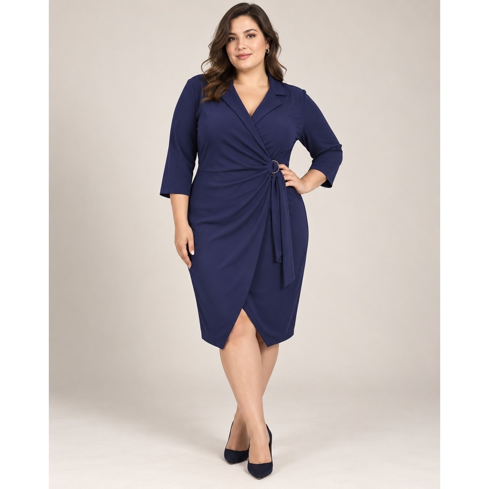 Agnes Orinda Navy Blue Wrap Dress Career Chic Size 1X Polished Office Siren Midi
